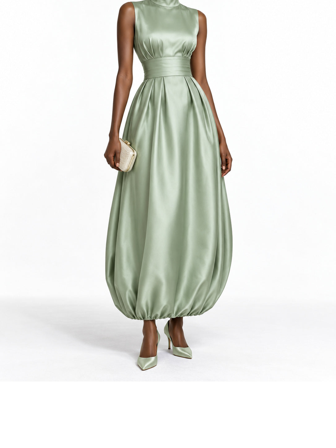 SageGreen Satin Sleeveless Bubble Hem Maxi Dress
