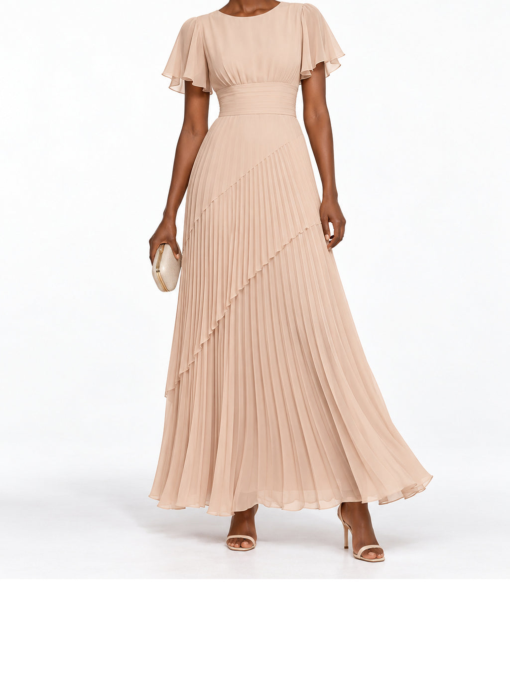 Beige Pleated Chiffon Flutter Sleeve Maxi Dress