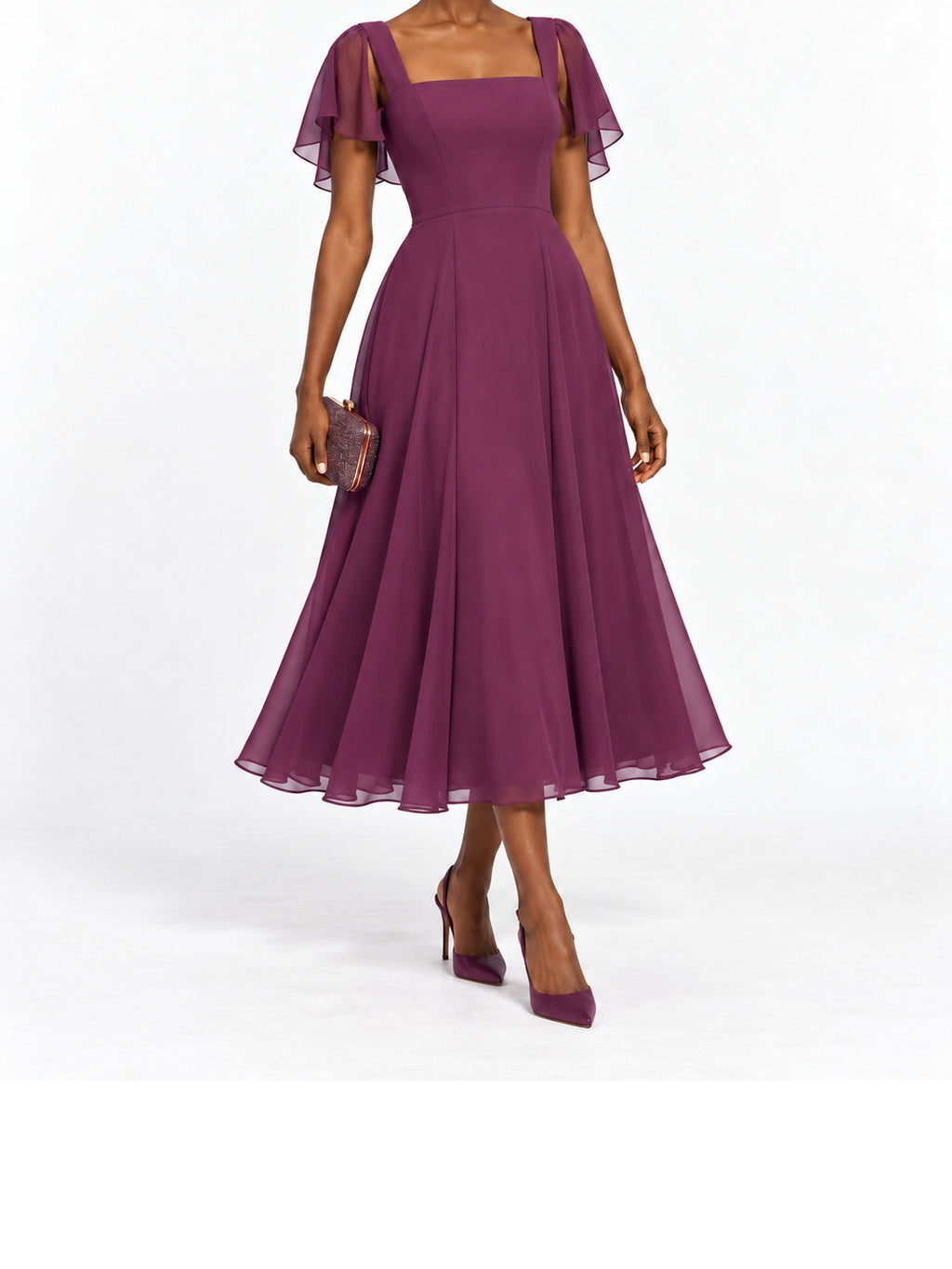 Plum Chiffon Flutter Sleeve Midi Dress