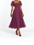 Plum Chiffon Flutter Sleeve Midi Dress