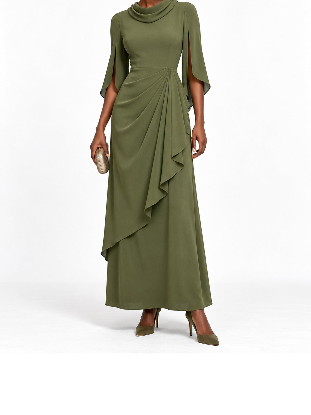 Olive Draped Cowl Neck Split Sleeve Maxi Dress