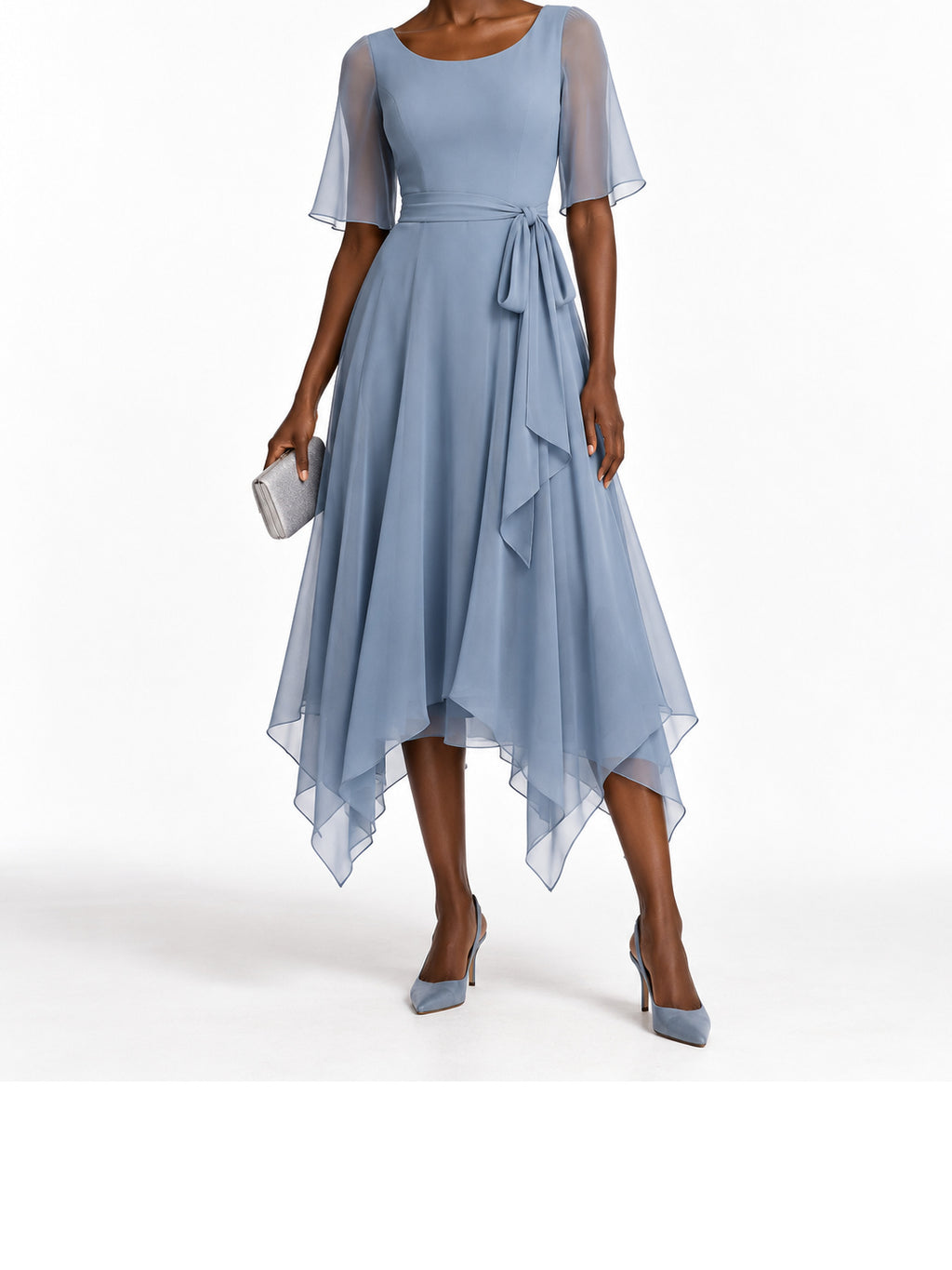 Blue Chiffon Flutter Sleeve Asymmetric Midi Dress