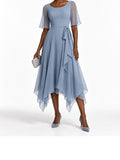 Blue Chiffon Flutter Sleeve Asymmetric Midi Dress