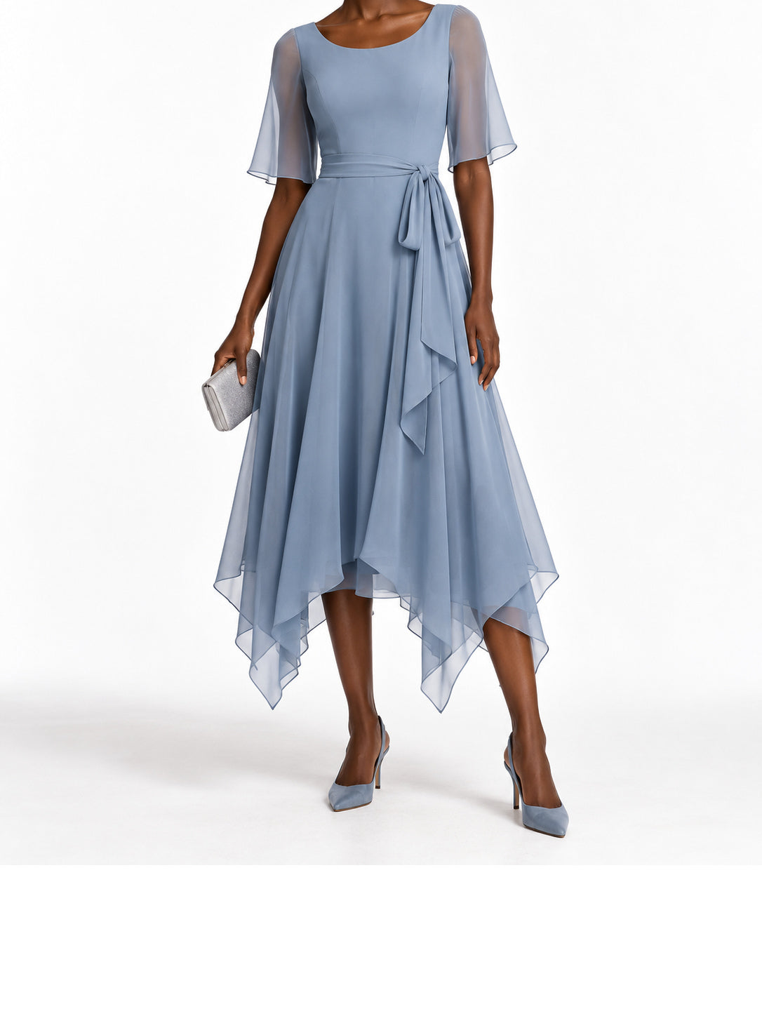 Blue Chiffon Flutter Sleeve Asymmetric Midi Dress