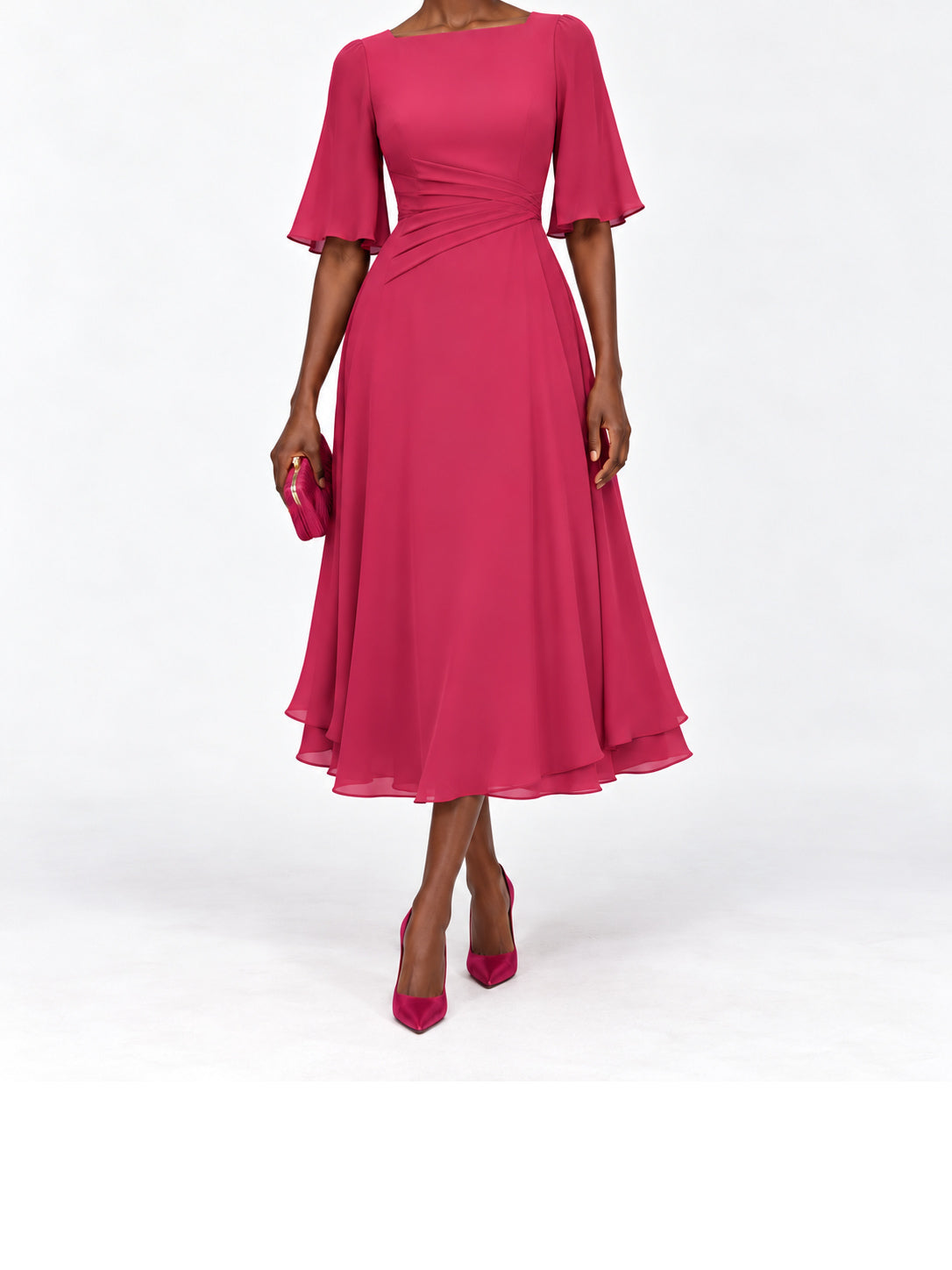 Pink Flutter Sleeve Fit and Flare Midi Dress