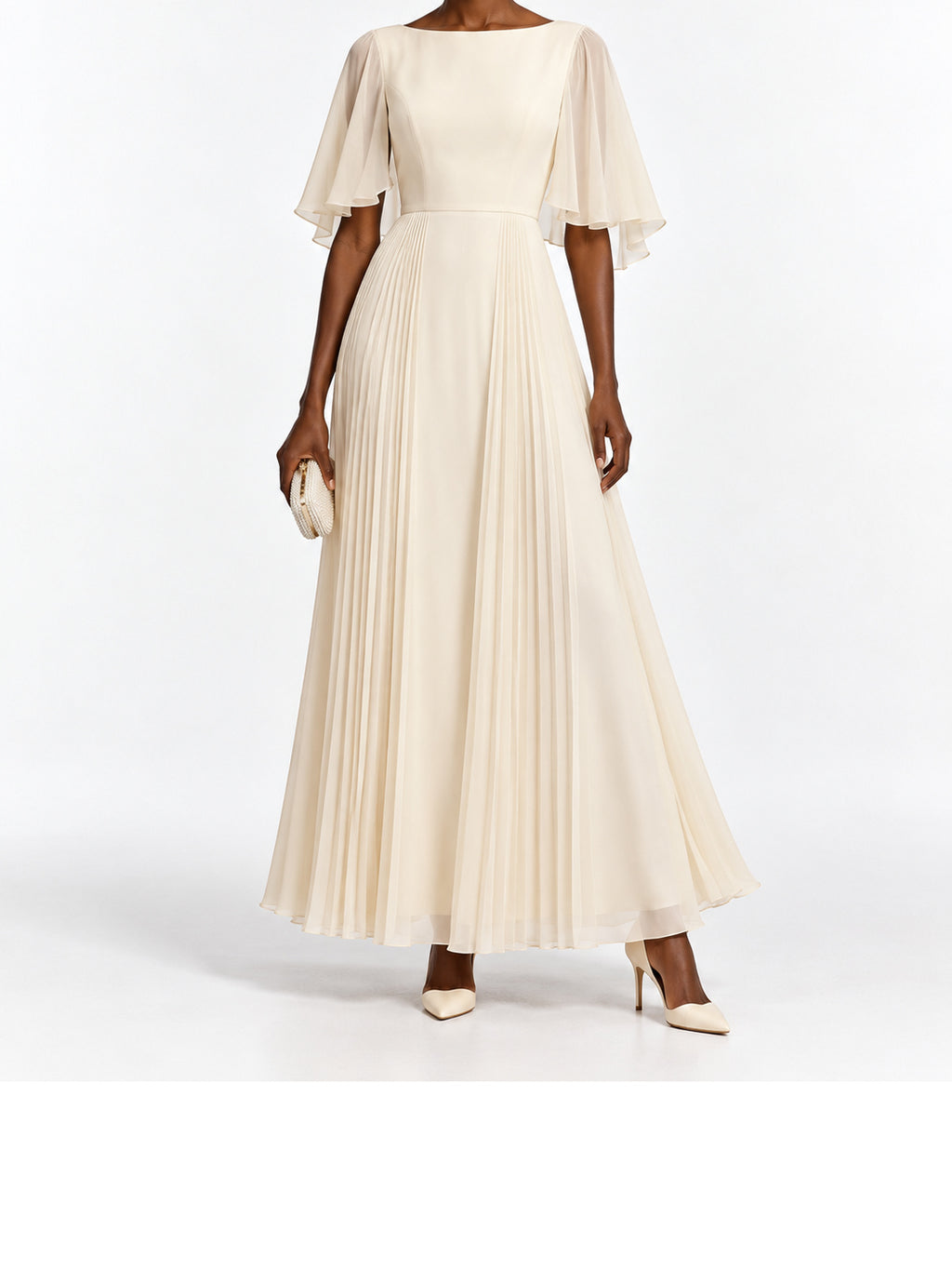 Cream Pleated Chiffon Flutter Sleeve Maxi Dress