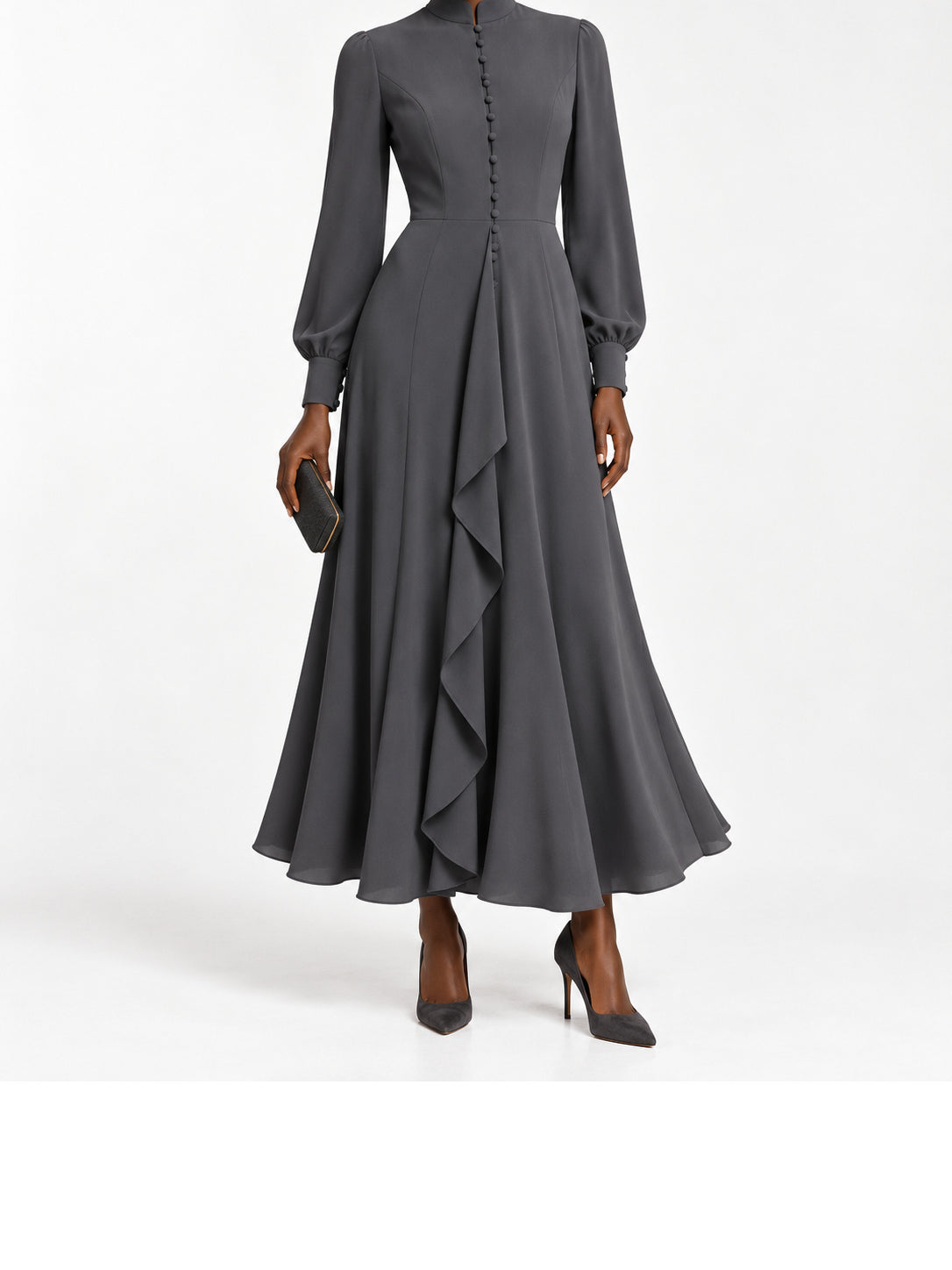Charcoal Ruffle Front Button Detail Maxi Dress