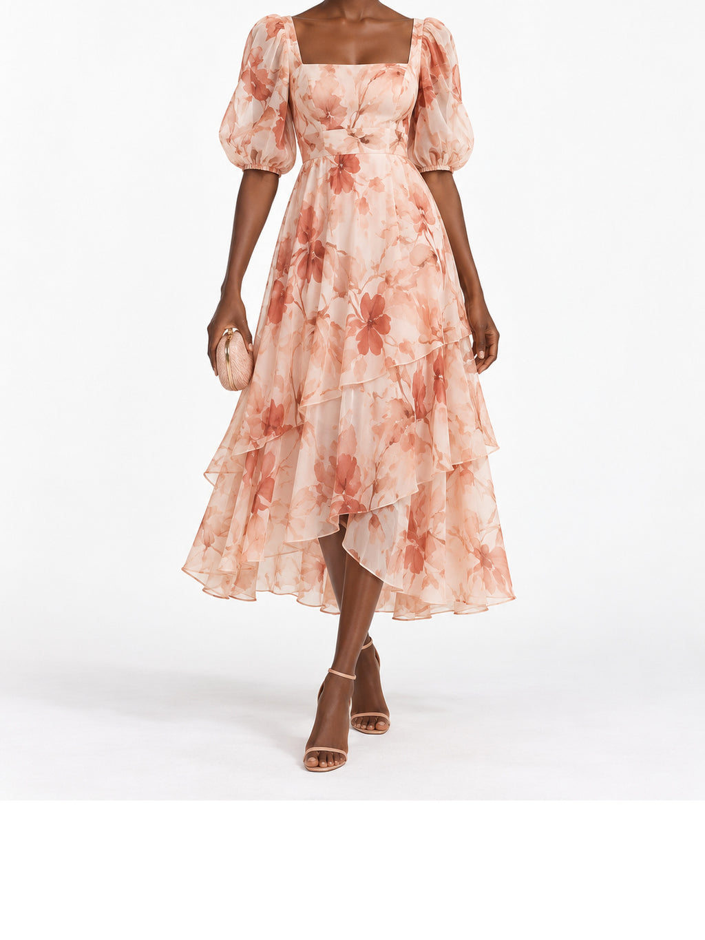 Peach Floral Print Puff Sleeve Tiered Midi Dress