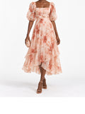 Peach Floral Print Puff Sleeve Tiered Midi Dress