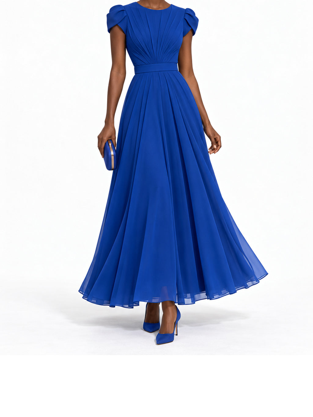 RoyalBlue Chiffon Pleated Cap Sleeve Maxi Dress