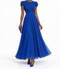 RoyalBlue Chiffon Pleated Cap Sleeve Maxi Dress
