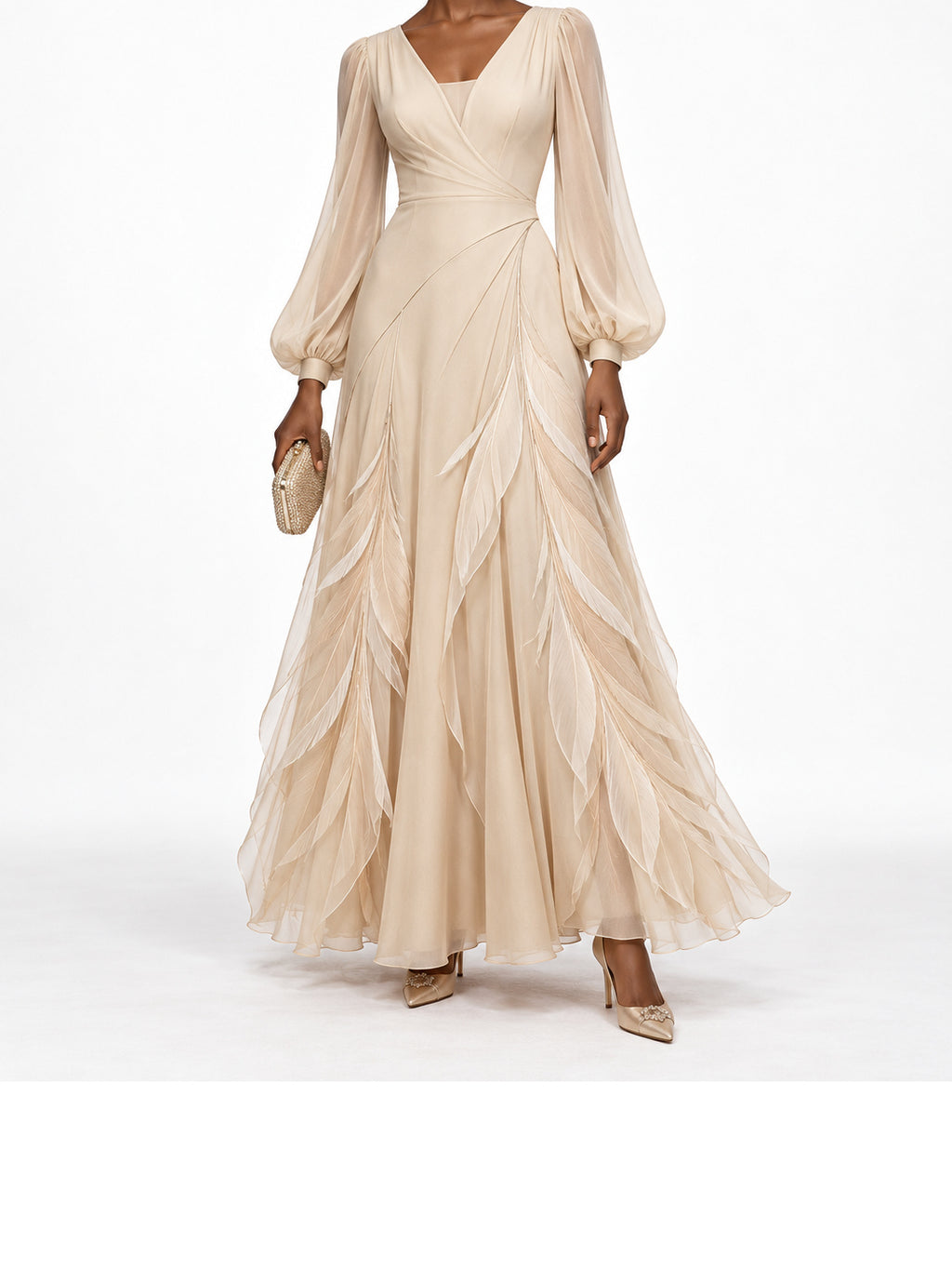 Champagne Chiffon Feather Applique Long Sleeve Maxi Dress