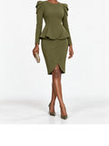 Olive Scuba Peplum Long Sleeve Midi Dress