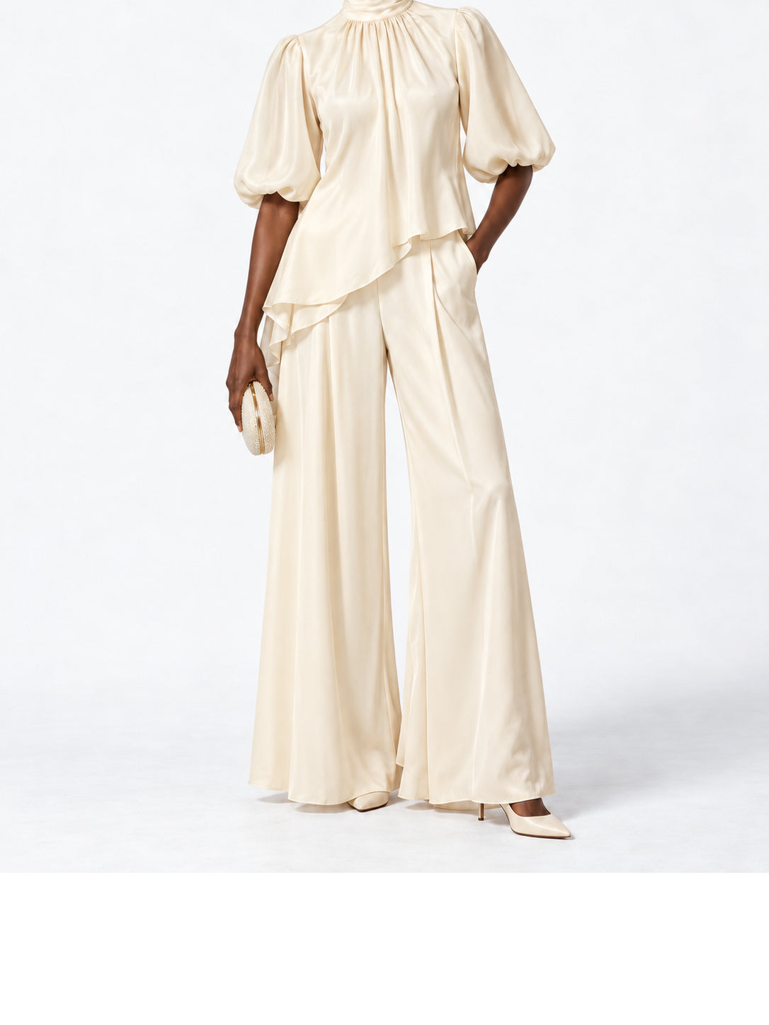 Cream Satin Asymmetric Ruffle Two Piece Pant Set
