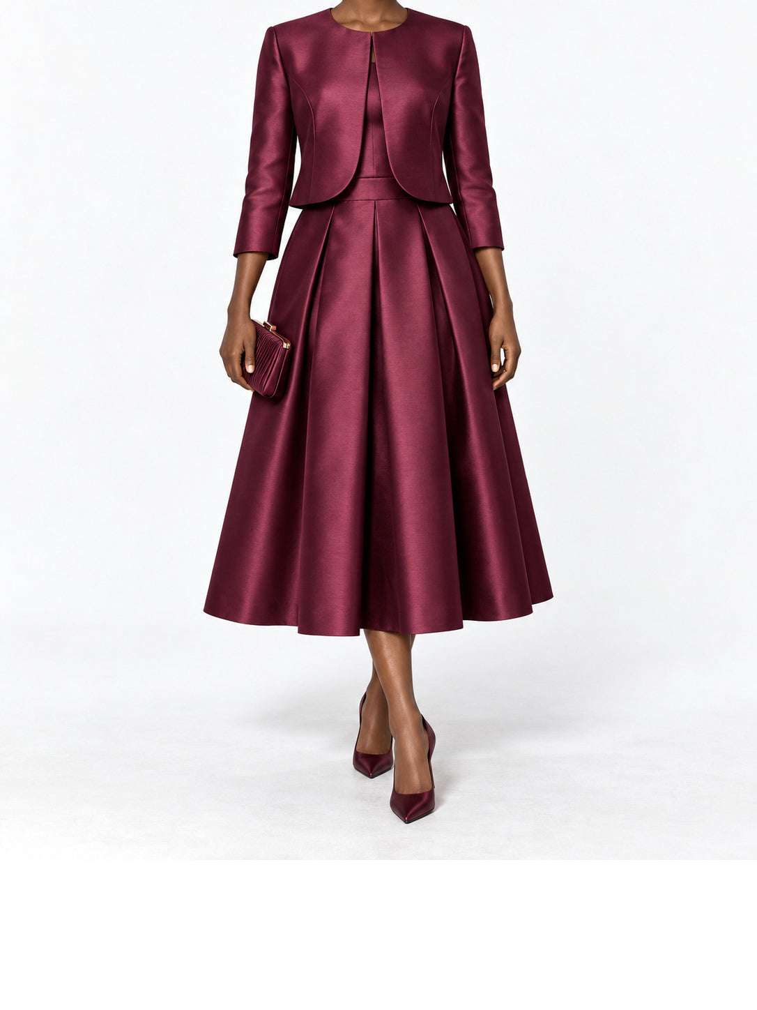 Burgundy Satin Cropped Jacket and Midi Skirt Set