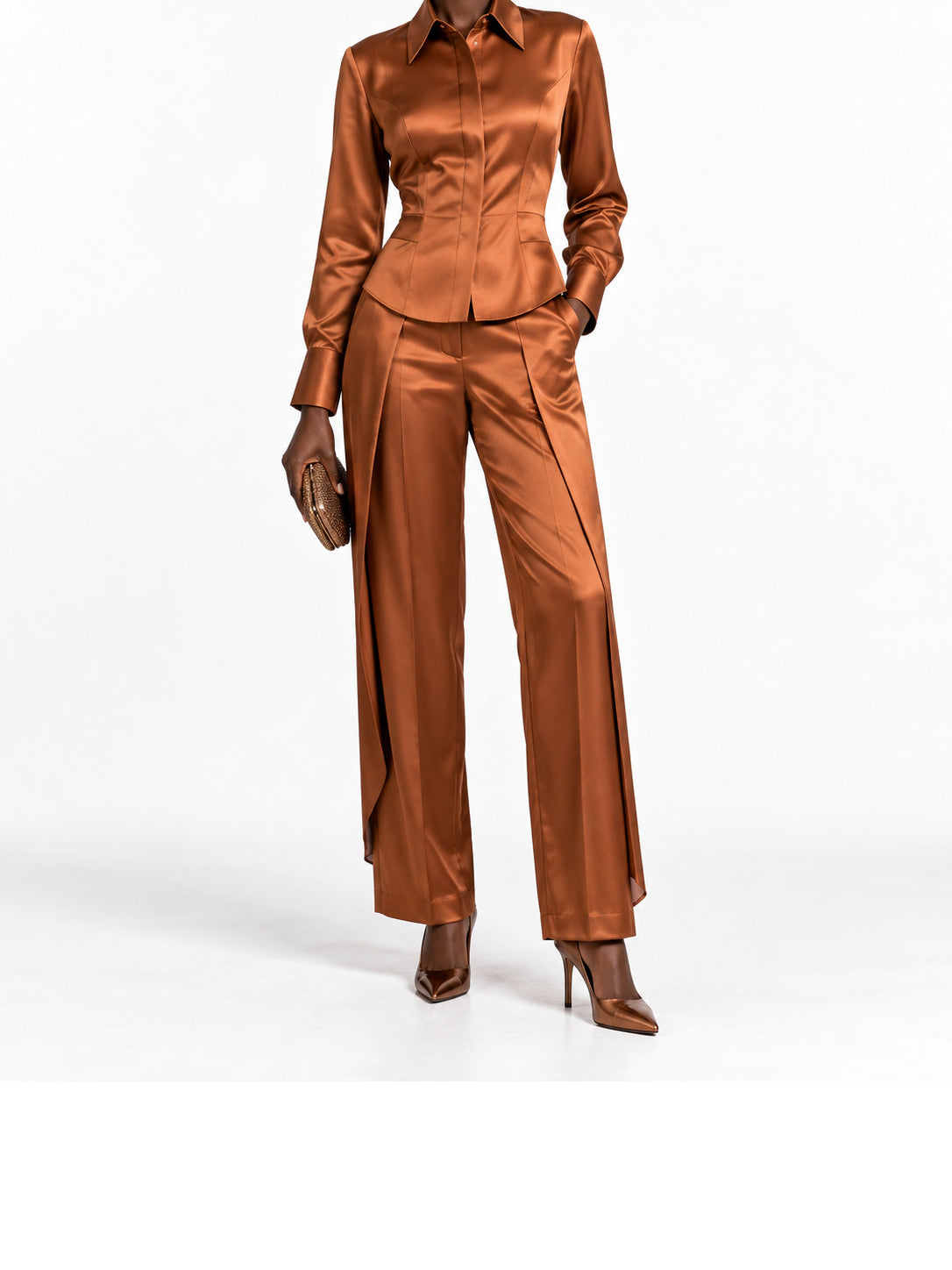 Bronze Satin Button Front Two Piece Pant Set