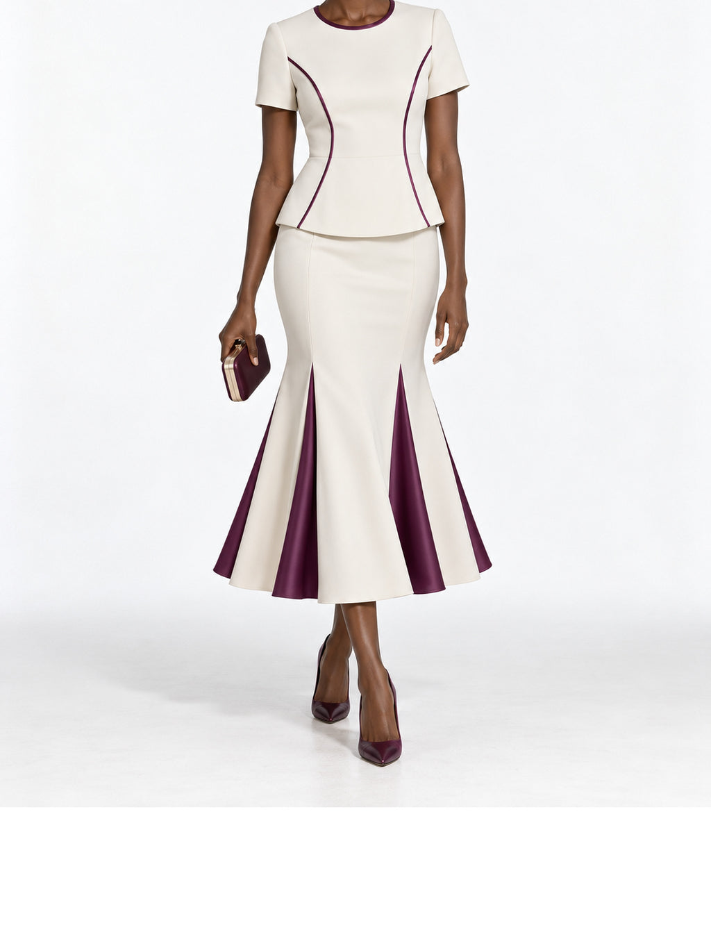 Cream Purple Piping Mermaid Midi Dress
