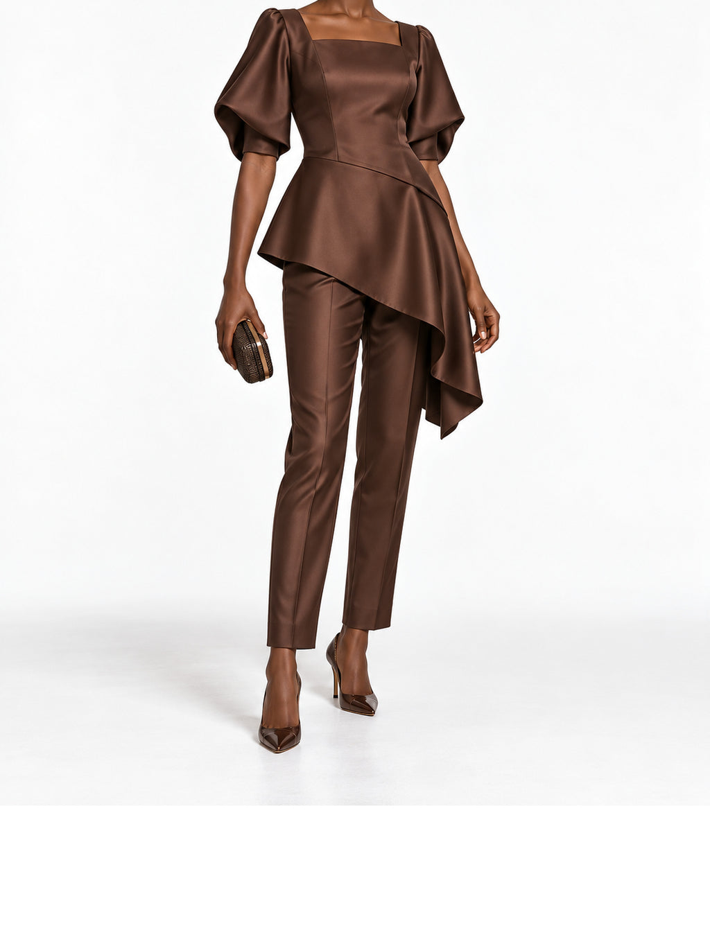 DarkBrown Satin Asymmetric Peplum Top and Pants Set