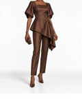 DarkBrown Satin Asymmetric Peplum Top and Pants Set