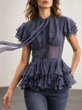 Blue Grey Ruffle Peplum Blouse