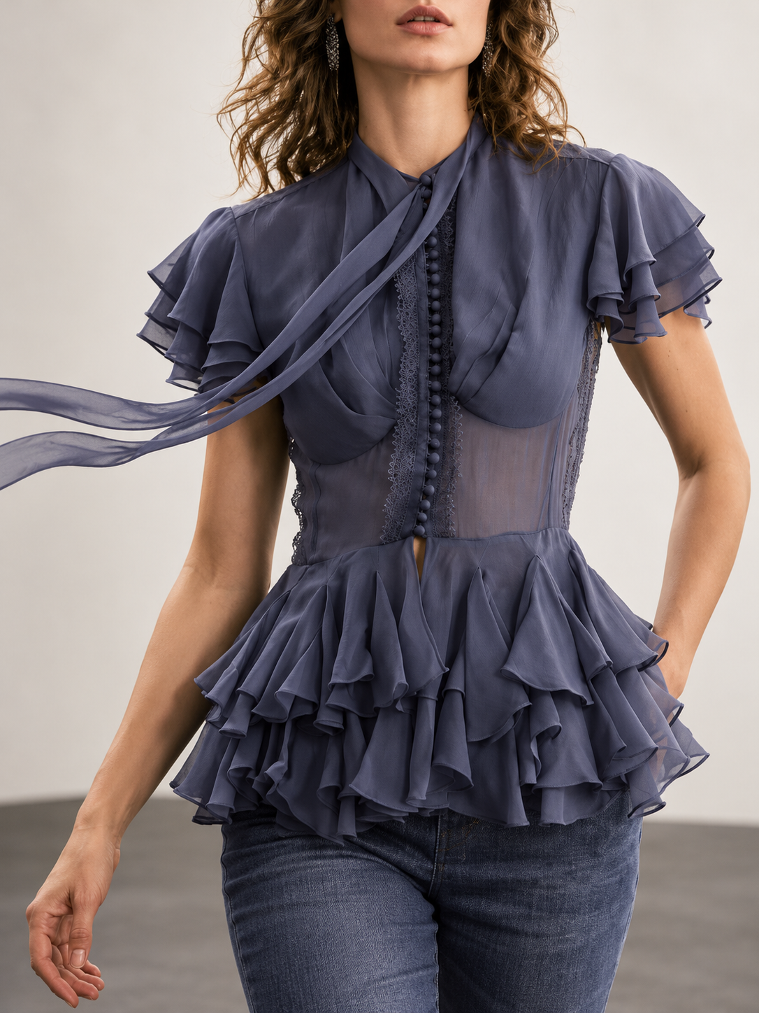 Blue Grey Ruffle Peplum Blouse
