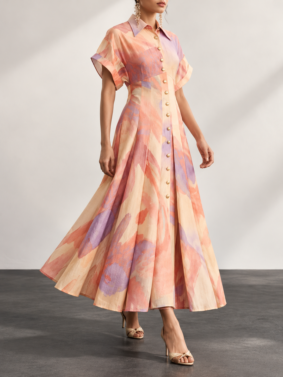 Multicolor Watercolor Print Button Front Maxi Dress