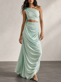 MintGreen Satin One Shoulder Cutout Maxi Dress