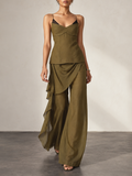Olive Satin Asymmetric Ruffle Two Piece Pant Set