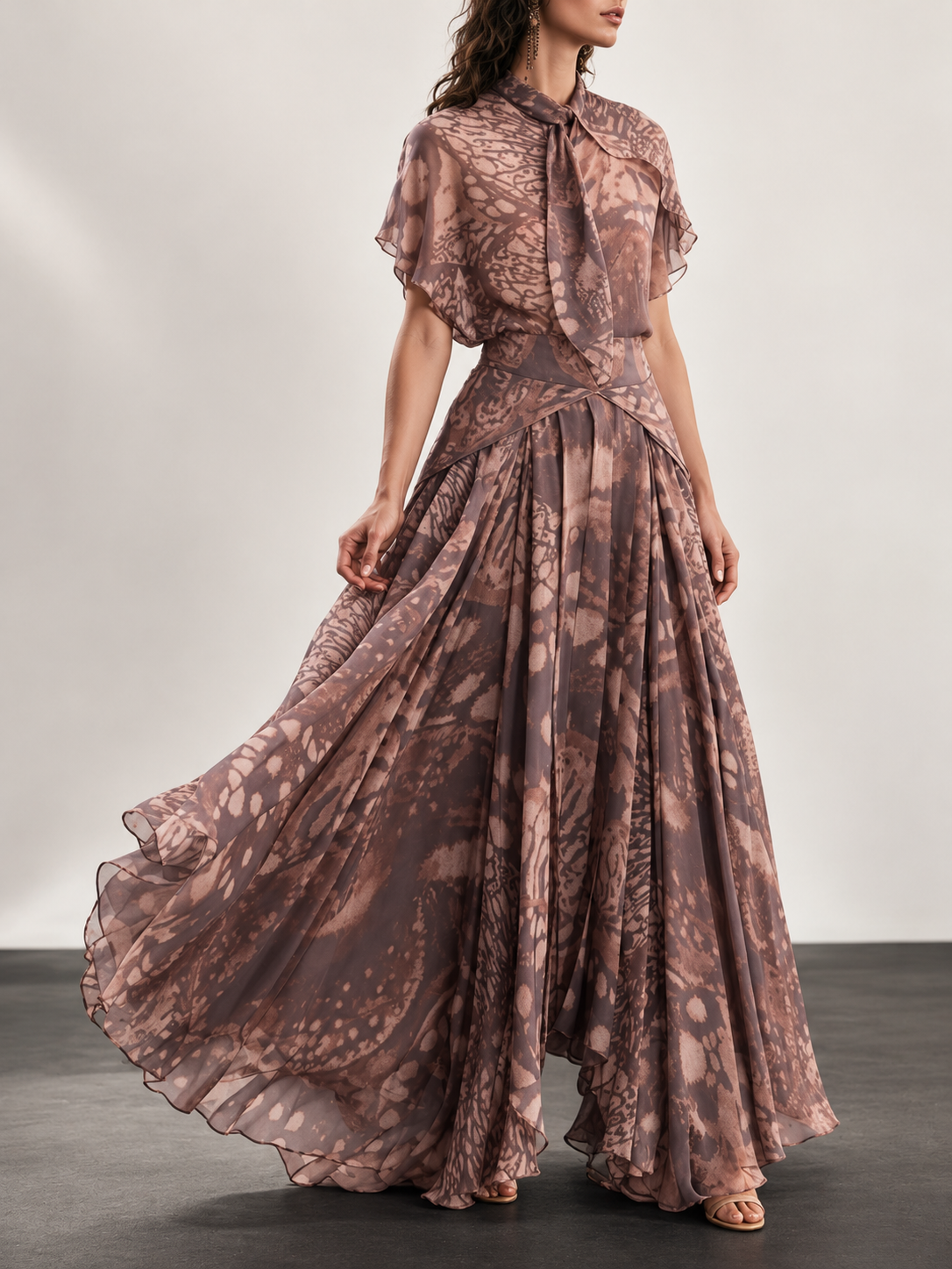 Brown Animal Print Ruffle Neck Long Sleeve Maxi Dress