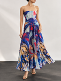 Multicolor Watercolor Print Strapless Pleated Maxi Dress