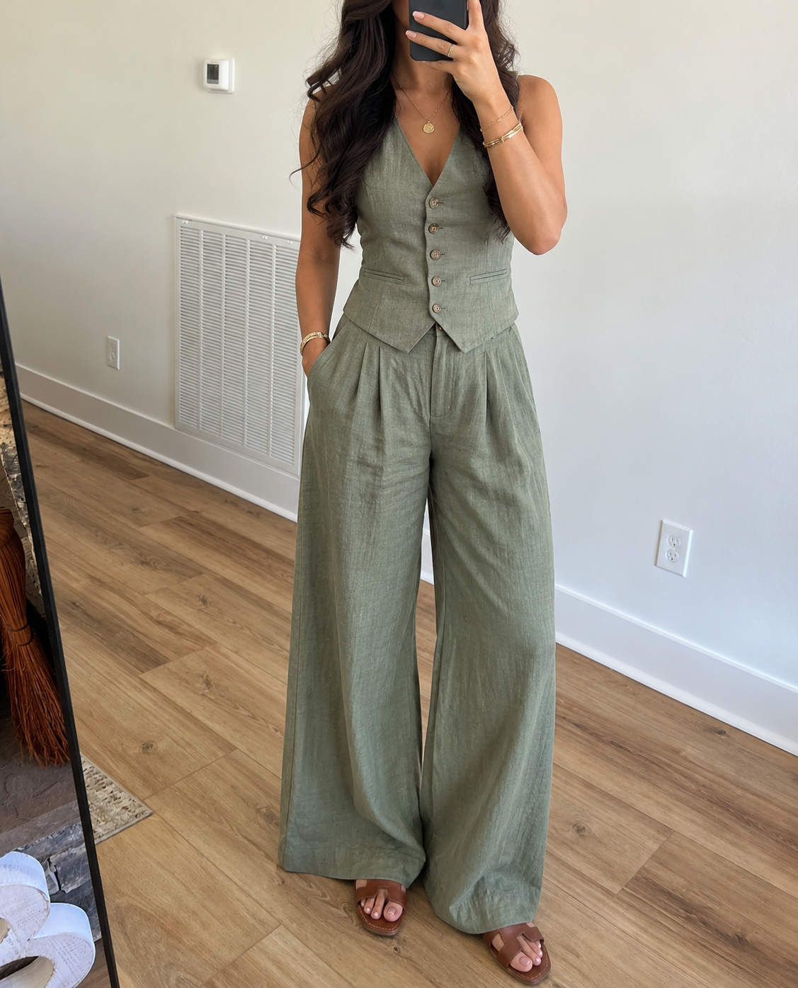 SageGreen Linen Vest and Wide Leg Pants Set