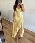 Yellow Satin Cowl Neck Ruffle Maxi Dress