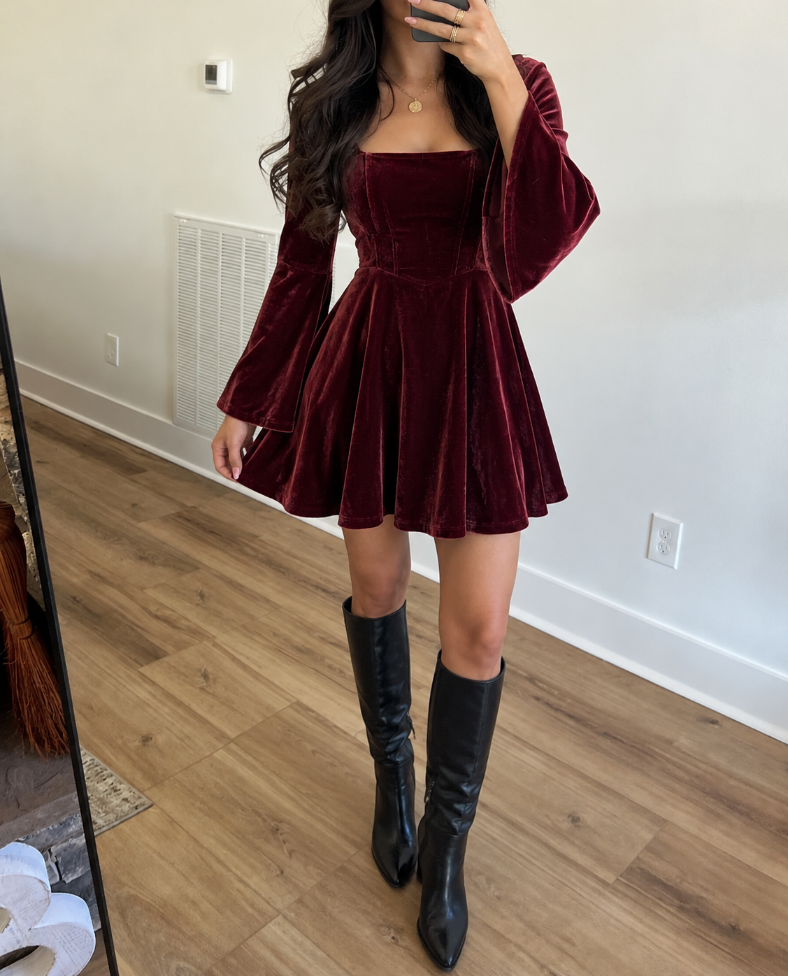 Burgundy Velvet Square Neck Bell Sleeve Mini Dress