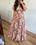 Pink Floral Print Ruffle Sleeve Tiered Maxi Dress