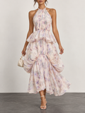 Multicolor Floral Print Halter Ruffled Midi Dress