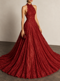 Red Lace Halter Maxi Dress