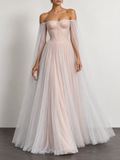 Blush Tulle Off Shoulder Cape Maxi Dress