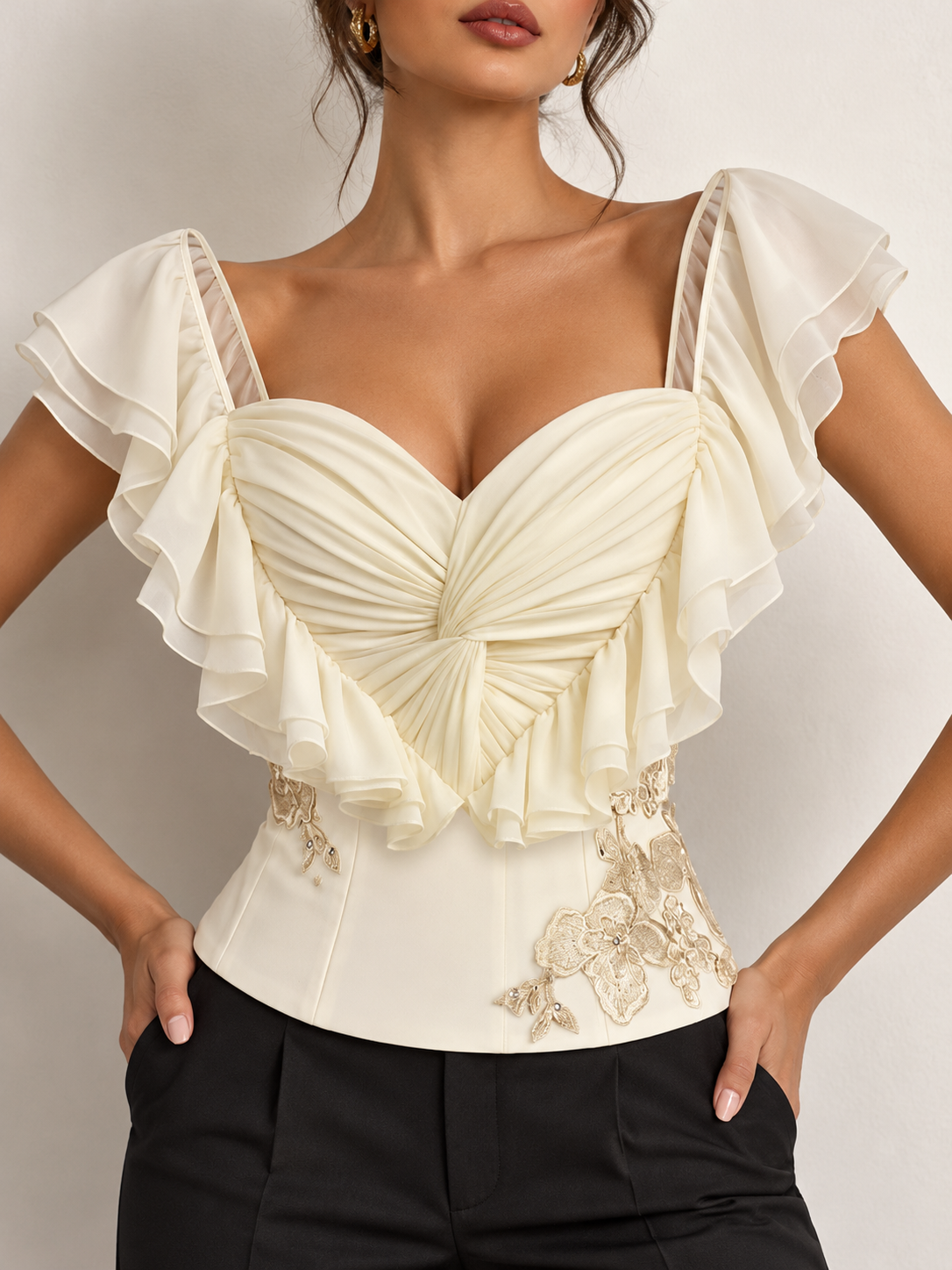 Cream Satin Ruffle Bodice Corset Top