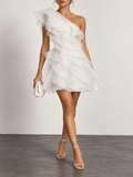 White Sheer Ruffle One Shoulder Mini Dress
