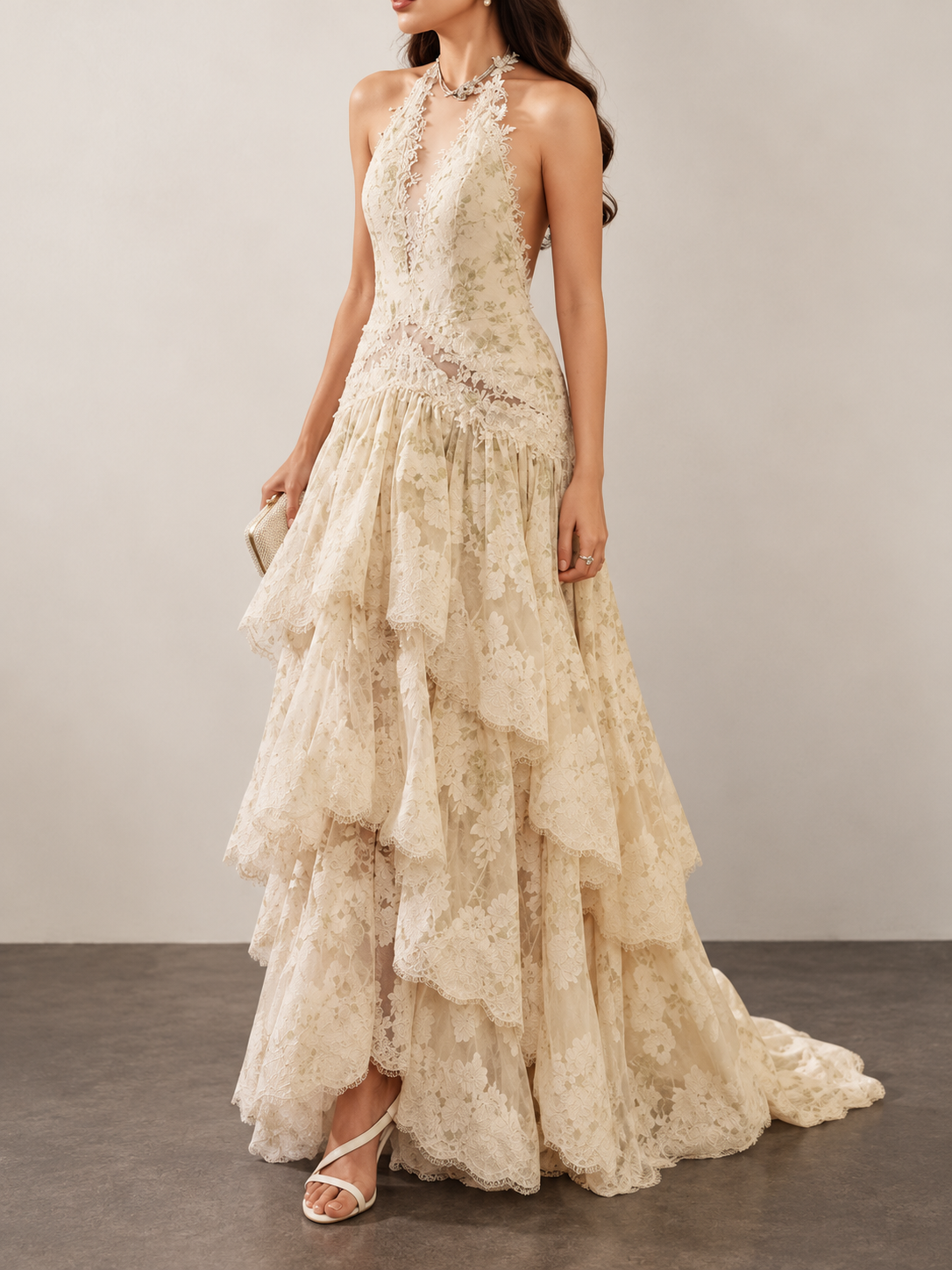 Cream Lace Halter Tiered Maxi Dress