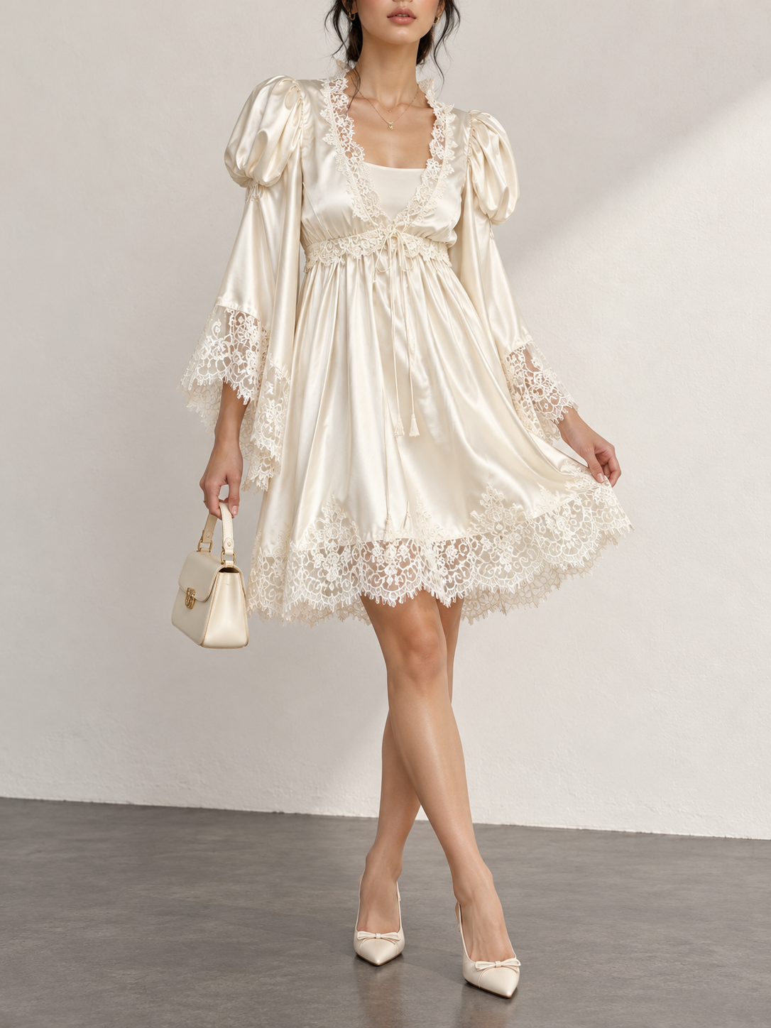 Cream Satin Lace Trim Puff Sleeve Mini Dress