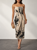 Beige Black Leaf Print Strapless Midi Dress