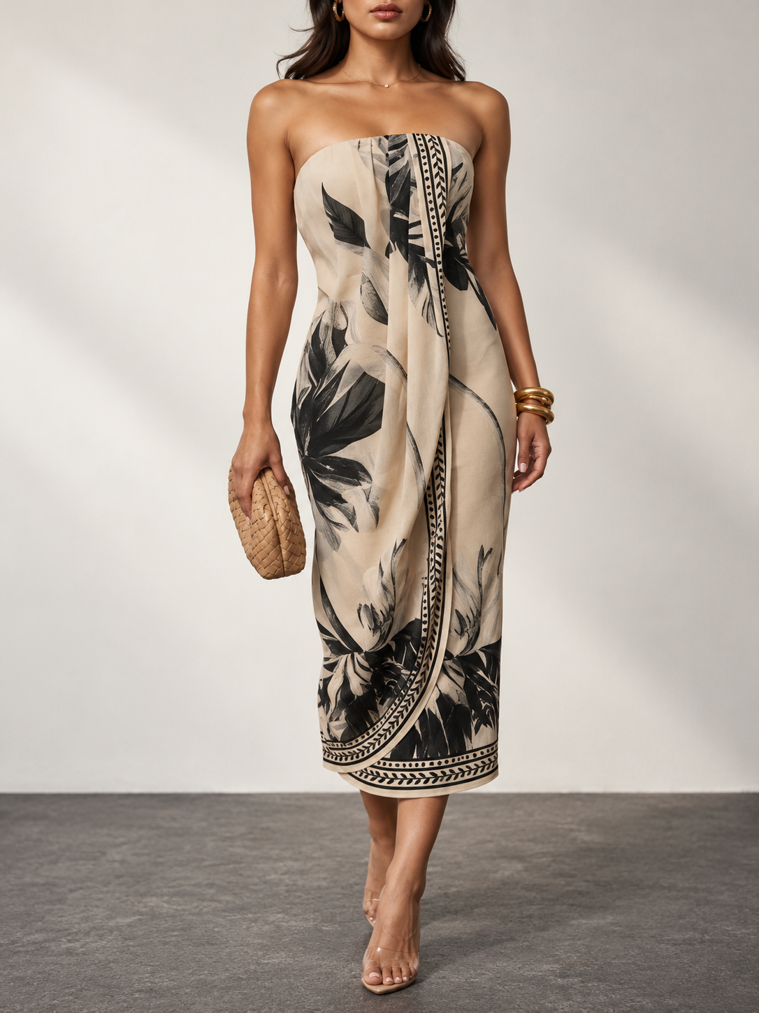 Beige Black Leaf Print Strapless Midi Dress