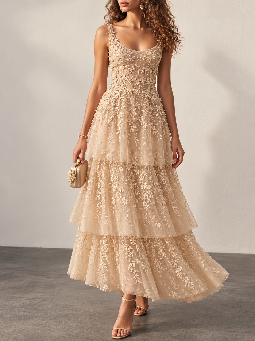 Champagne Embellished Tiered Tulle Midi Dress