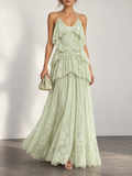 LightGreen Lace Halter Tiered Maxi Dress