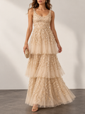 Champagne Embellished Tiered Tulle Maxi Dress