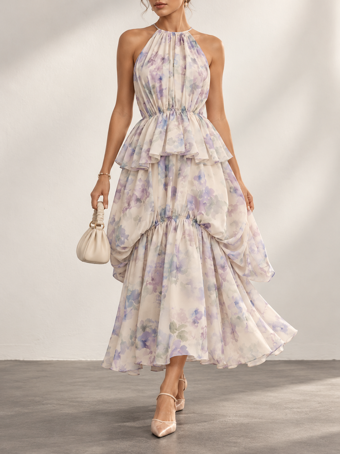 LightPurple Floral Print Halter Tiered Midi Dress