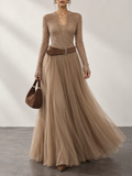 Taupe Tulle Long Sleeve Belted Maxi Dress