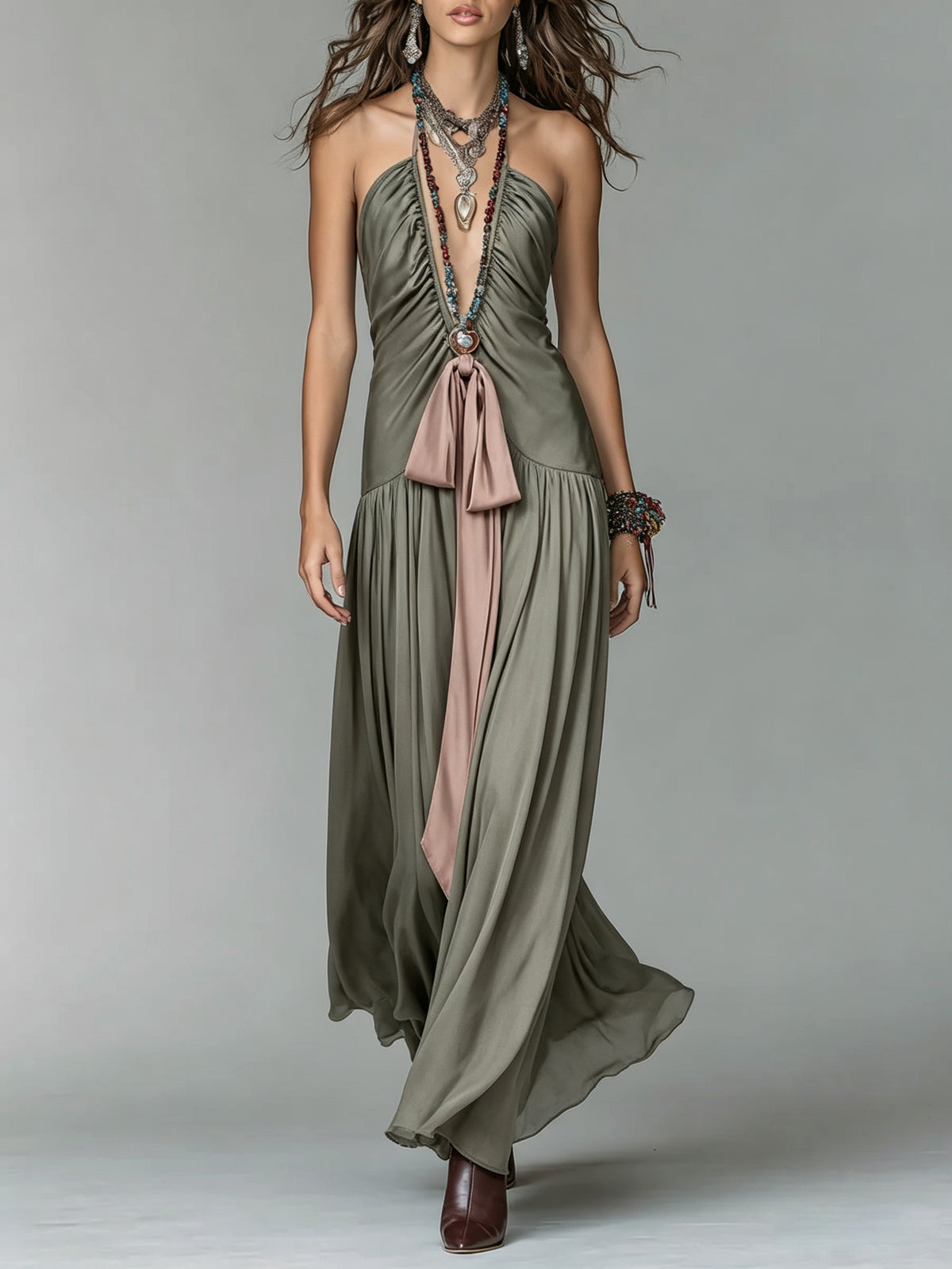Halter Neck Plunge Gathered Maxi Dress With Contrast Sash