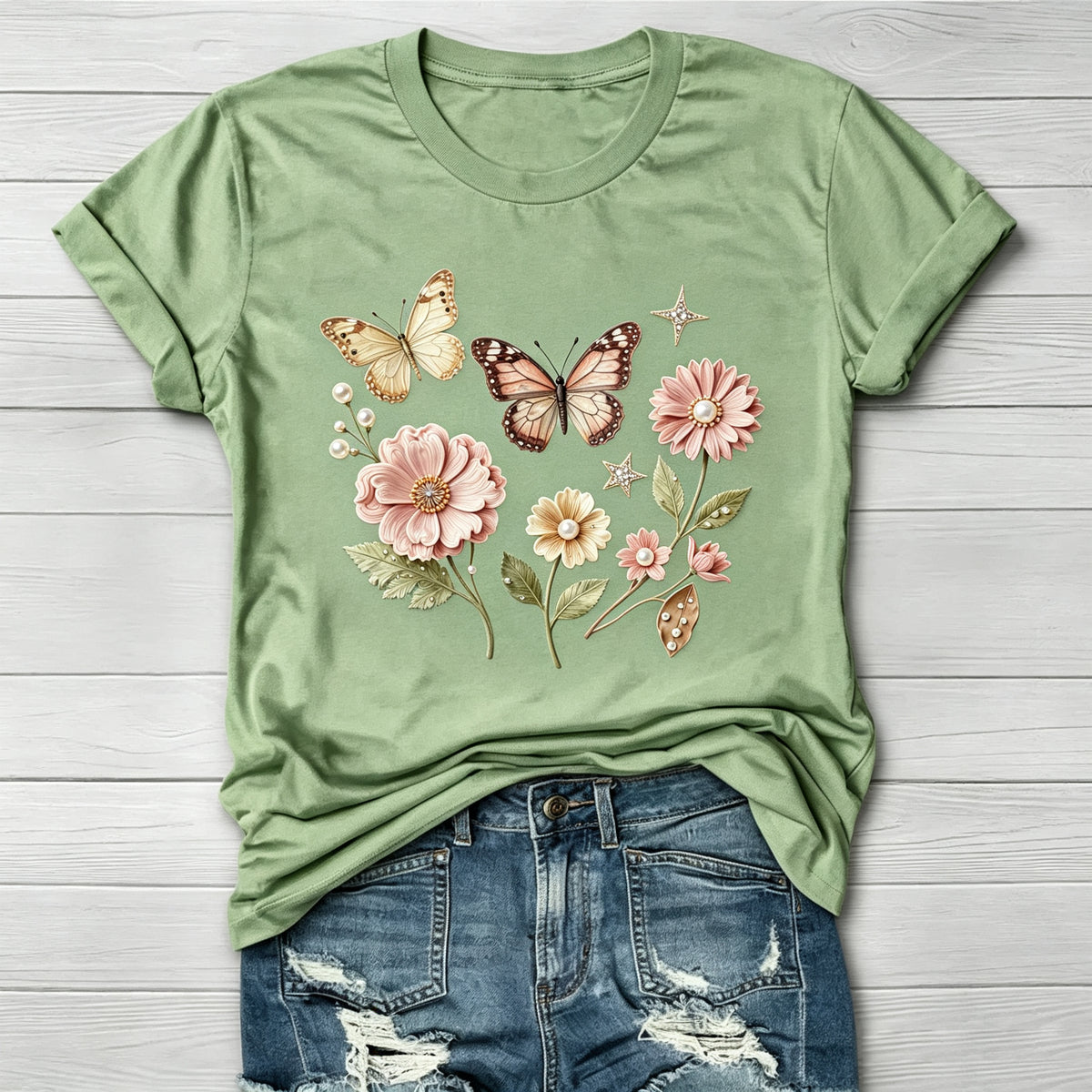 Floral Butterfly Graphic Crew Neck T-Shirt